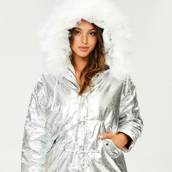 Silver Parka Jacket with Fur Hood - Picture 5 of 7